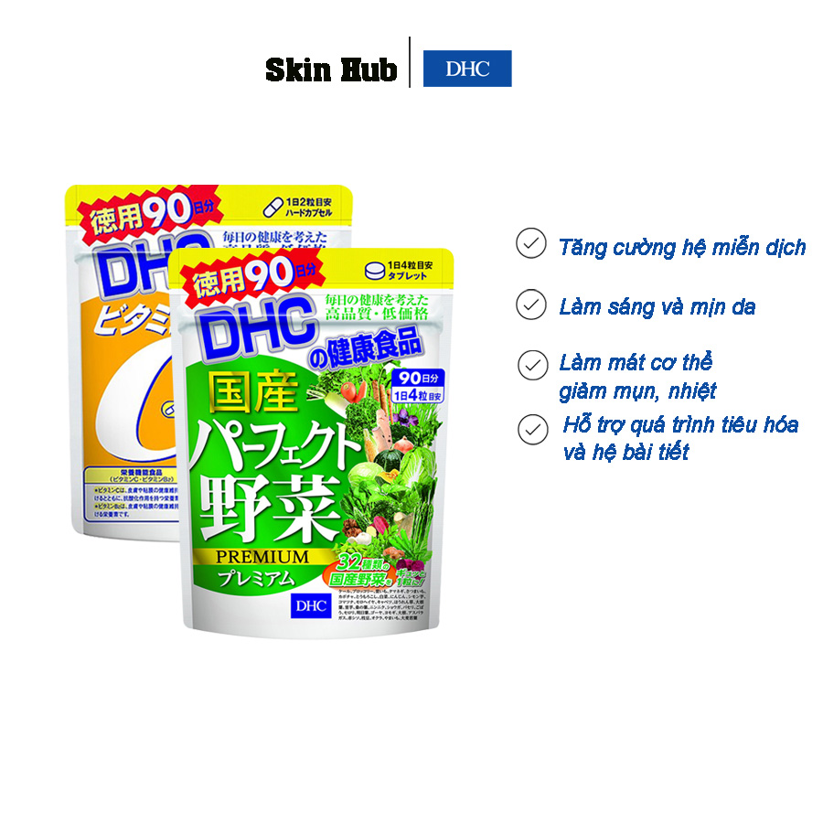 Combo thanh mát, tăng miễn dịch DHC Viên uống Vitamin C và Viên uống rau củ DHC Perfect Vegetable 90 ngày