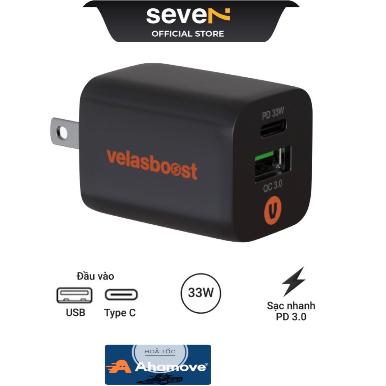Bộ sạc nhanh velasboost 33w pd chuẩn mfi - chính hãng bh 12 tháng - seve7