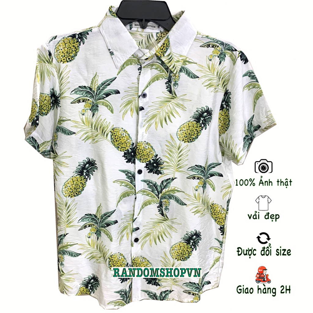 Áo sơ mi hawaii đi biển họa tiết trái thơm thích hợp mặc nhóm đi biển, đồng phục đi biển