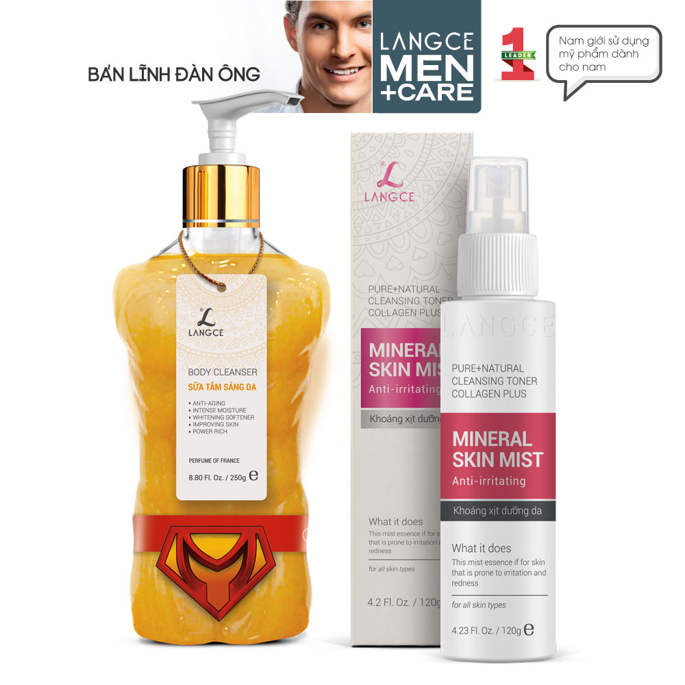 Bộ Gel Tắm 24K Sáng Da Dưỡng Ẩm Mềm Mịn 250ml và Xịt Khoáng Cấp Dưỡng Ẩm 120ml Da Nhờn LANGCE cho Nam