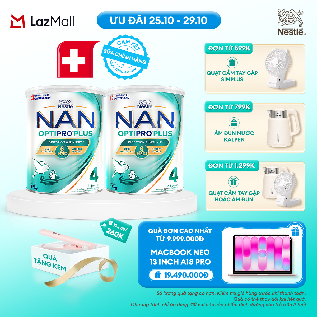 [CHỈ 25-29.10 QT ĐƠN 599K/799K/1299K] [Tặng Máy Uốn Duỗi] Combo 2 lon Sữa bột Nestle NAN OPTIPRO PLUS số 4 1500g Công Thức Thụy Sĩ Cho Bé 2 - 6 Tuổi Có Đạm OPTIPRO, 6HMO  Lợi Khuẩn Kép