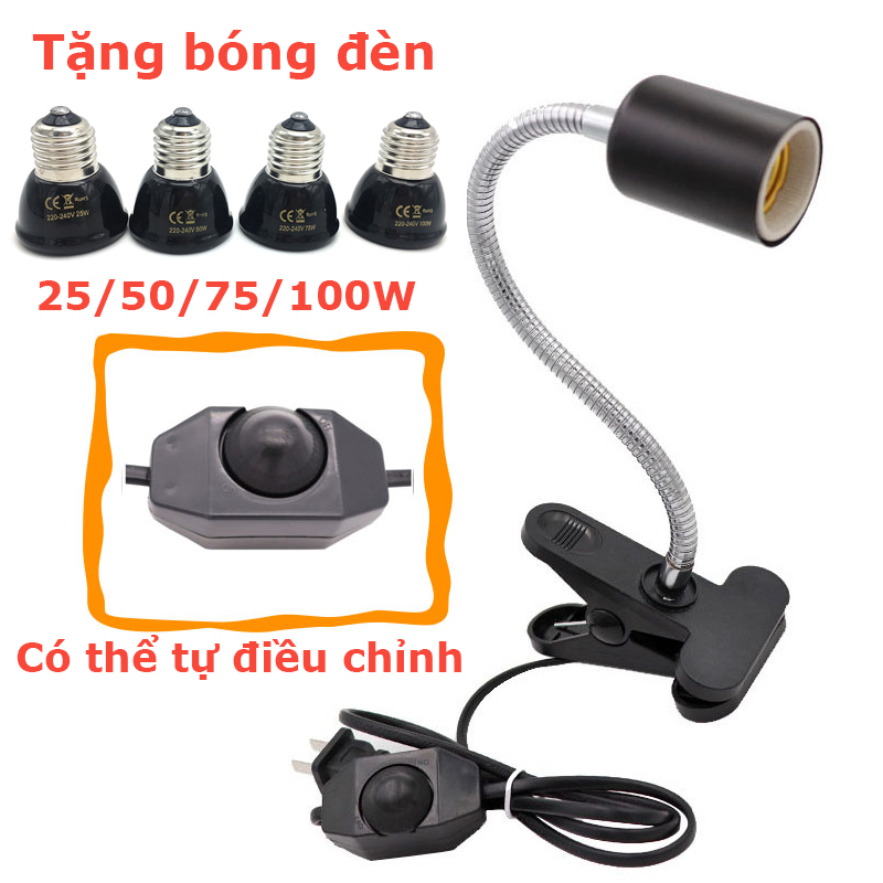 Kẹp Giá Đỡ Đèn Xoay 360 Độ Với Công Tắc E27 Thích Hợp Dùng Cho bò sát, rùa, rắn, Tặng Bóng Đèn Sưởi Ấm Gốm Sứ 50/75/100W