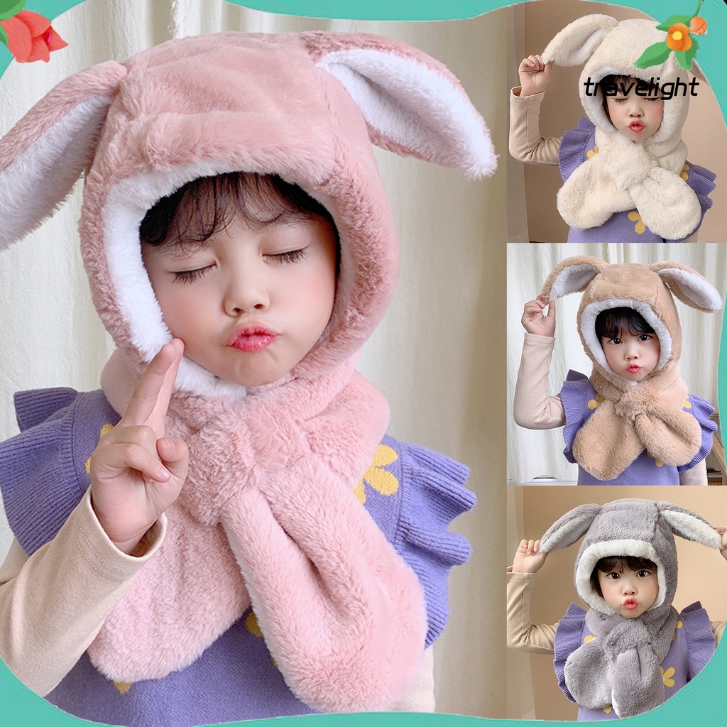 Mũ trùm đầu tai thỏ kèm khăn choàng cổ giữ ấm mùa thu đông dễ thương cho bé