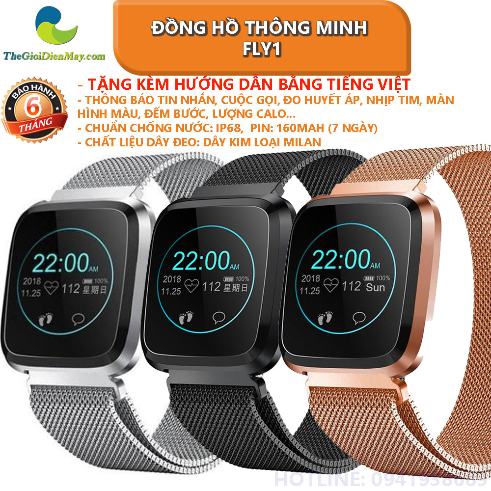 Đồng hồ thông minh FLY1 nhận thông báo tin nhắn, cuộc gọi, đo huyết áp, nhịp tim, màn hình màu IPS 1 điểm chạm - bảo hành 1 tháng - shop Thế giới điện máy