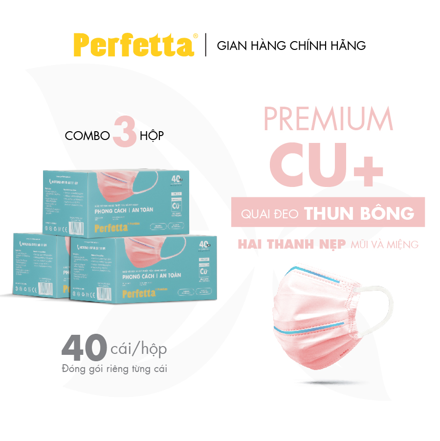Combo 3 hộp khẩu trang y tế cao cấp perfetta premium cu+, kháng khuẩn phủ nano đồng