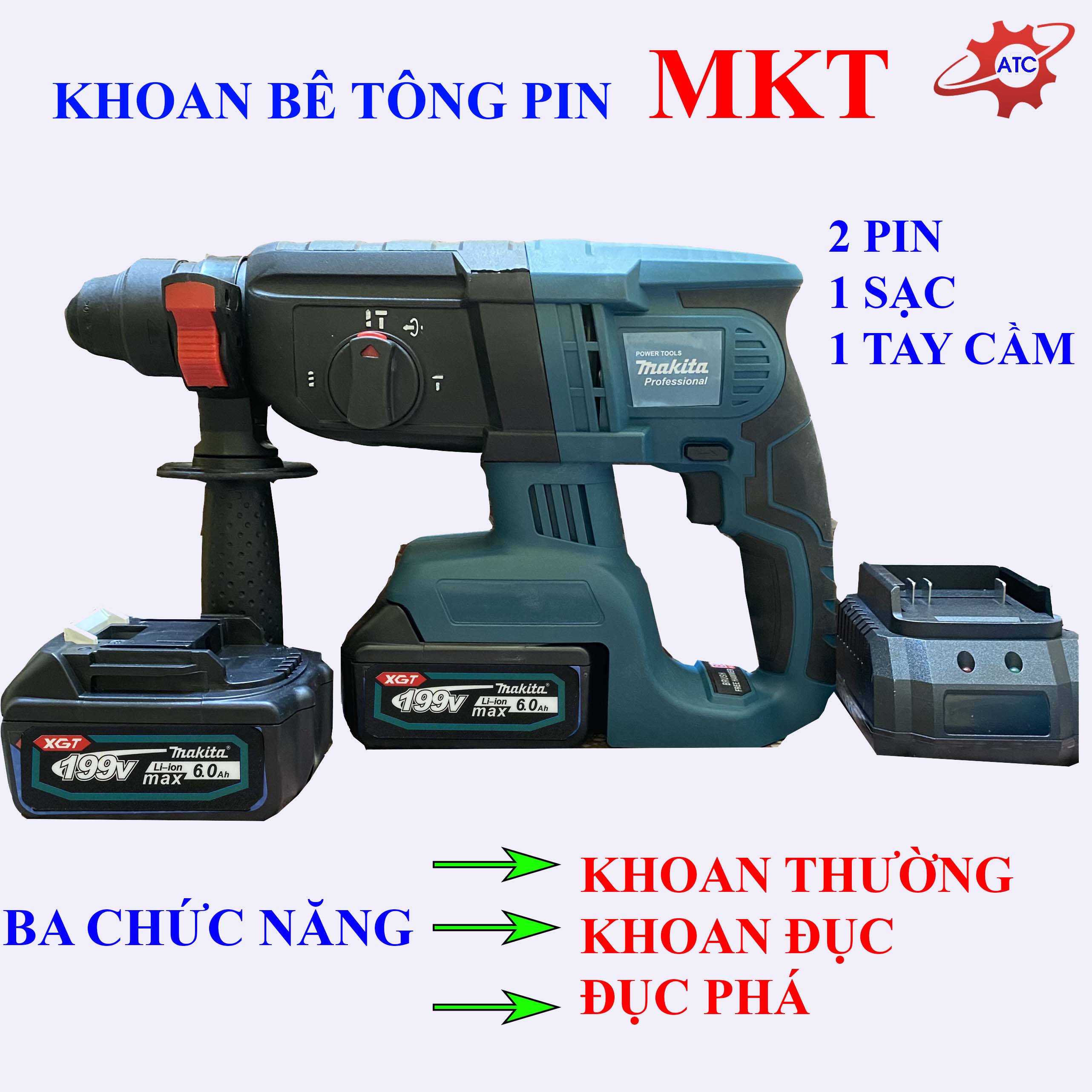 Khoan bê tông Pin ba chức năng, Khoan bê tông MKT động cơ không chổi than Pin trâu khỏe| Máy Cơ Khí Giá Rẻ ATC