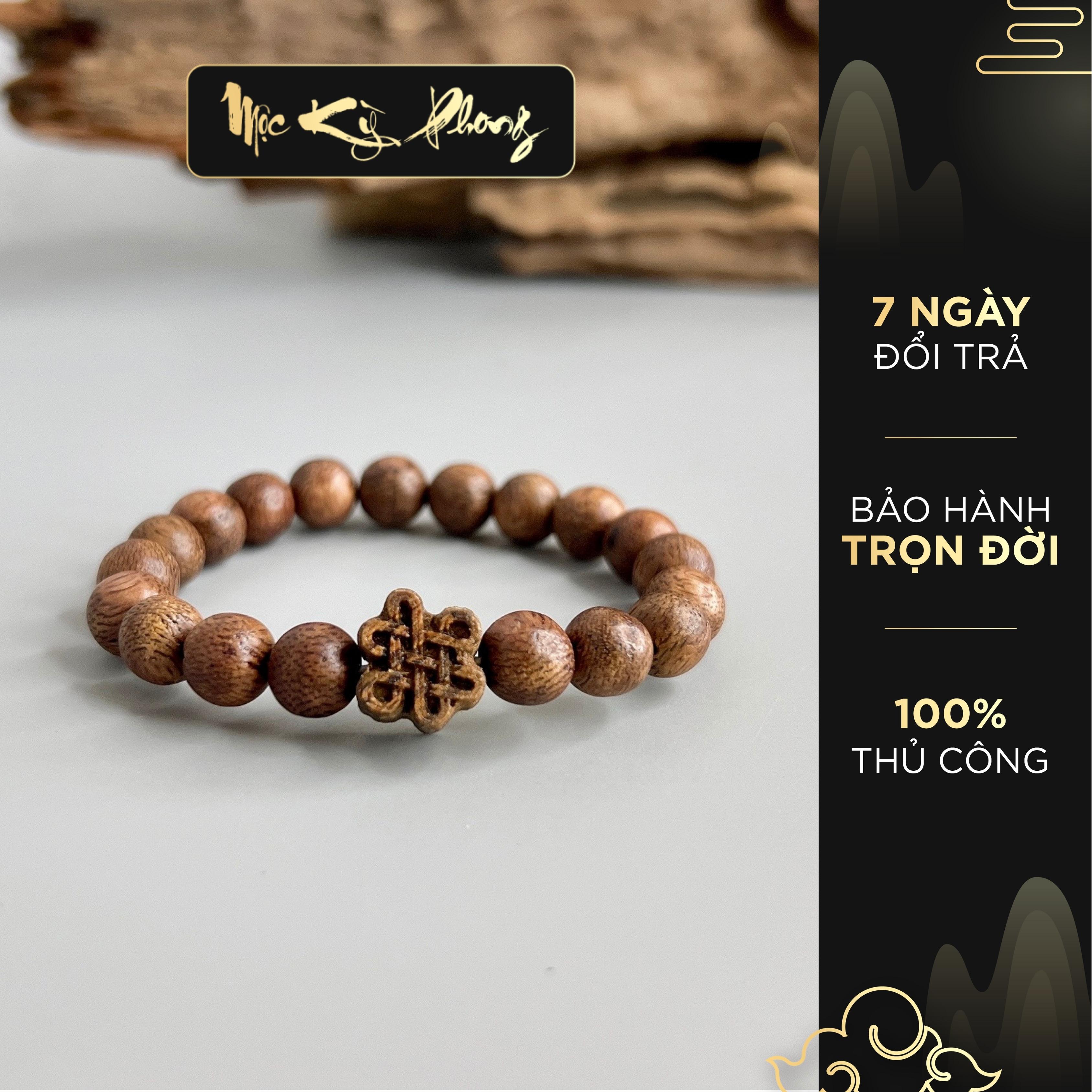 Vòng trầm hương đơn mix charm trầm nâu sẫm mộc kỳ phong - bảo hành hương thơm trọn đời
