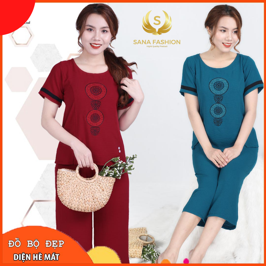 Đồ Bộ Trung Niên Ống Rộng Lững Quần Áo Cho Mẹ Mặc Ở Nhà Thêu Đồng Tiền Vải Đũi Mịn Mát DT01