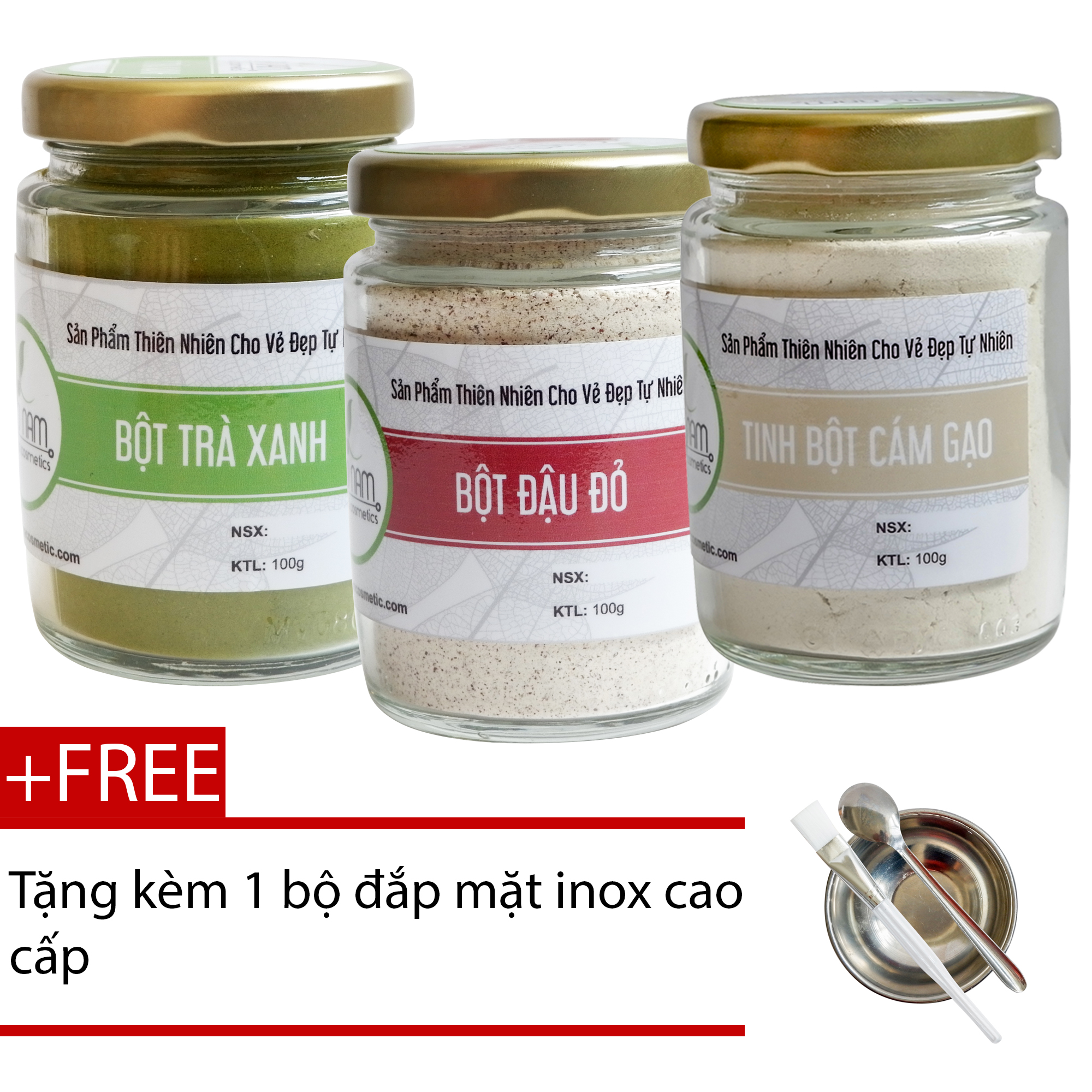 Combo bột trà xanh+ bột đậu đỏ + bột cám gạo nguyên chất bảo nam + tặng bộ pha chế đắp mặt nạ - trị sẹo rỗ xóa mờ vết thâm nám