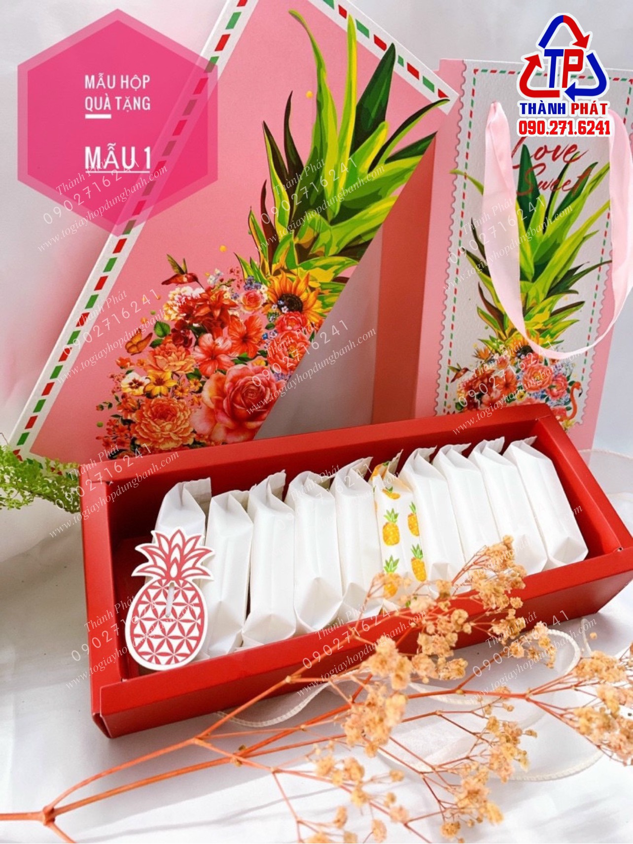 10 Hộp đựng bánh dứa hồng Hoa Viên - bánh thỏi vàng - bánh quy - kẹo nougat - mứt tết - Mẫu hộp Tết 2024