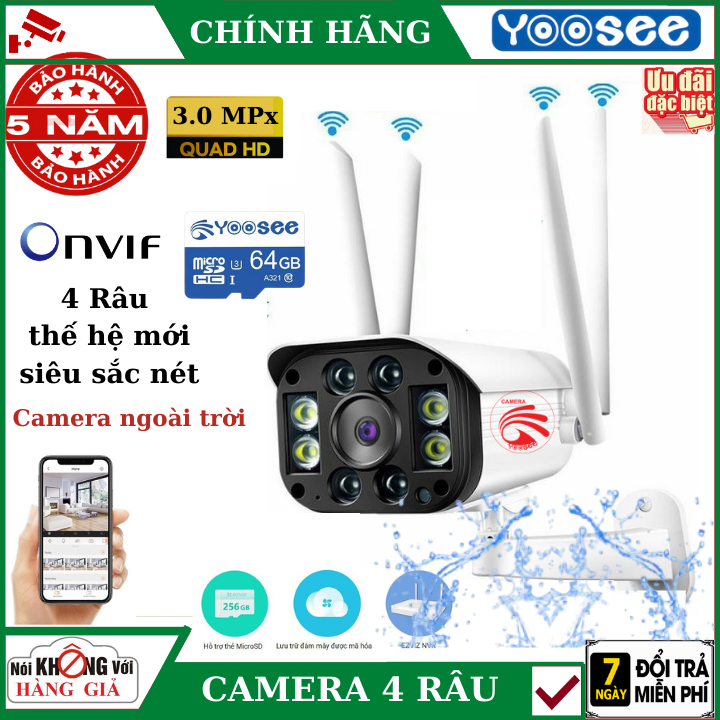 (Thẻ nhớ 128GB), Camera IP Wifi 4 râu yoosee 3.0MPX , cảm biến chuyển động , đàm thoại 2 chiều , chống nước ip67 , camera an ninh , camera chống trộm , camera giám sát , camera wifi , camera yoosee , camera