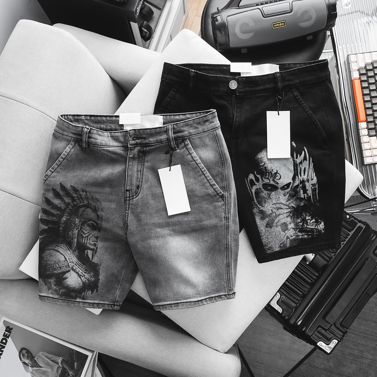 Quần short jean nam túi chéo đen xám in họa tiết cotton vnxk xịn trên gối ôm dáng