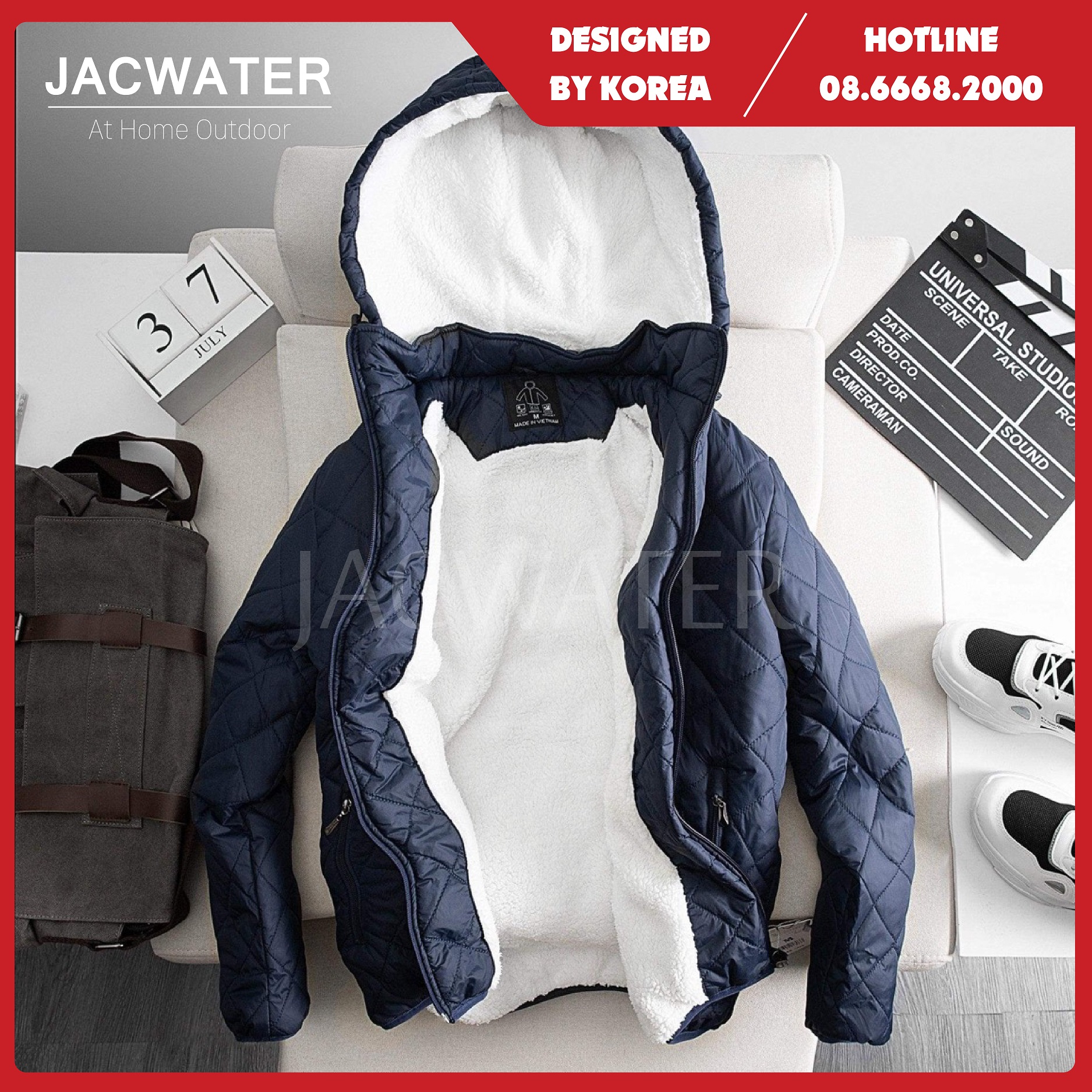 Áo phao trần trám nam chống nước, vải bông lót lông cừu màu trơn phong cách Hàn Quốc Drawwind V555