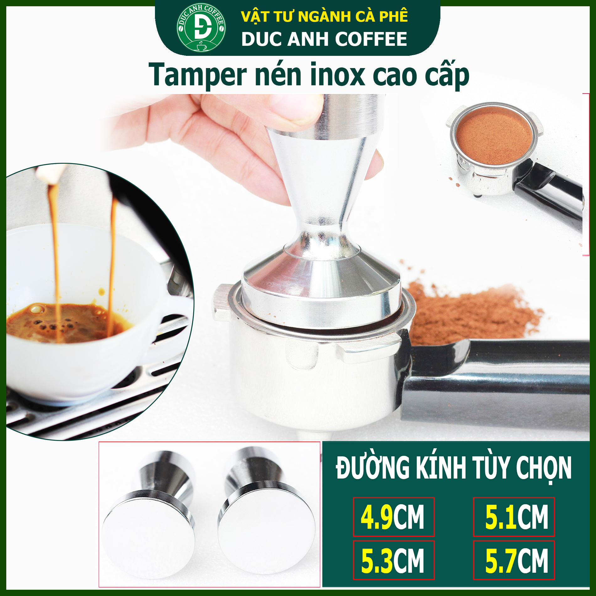 Cục nén cà phê TEMPER cho máy pha cafe - Thép Không Gỉ dùng cho máy pha cà phê espresso - có nhiều lựa chọn đường kính ( 49cm - 51cm -5.3cm và 5.7cm)