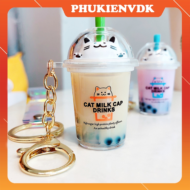 Móc khóa trà sữa và mèo dễ thương cao cấp nhiều màu làm quà tặng