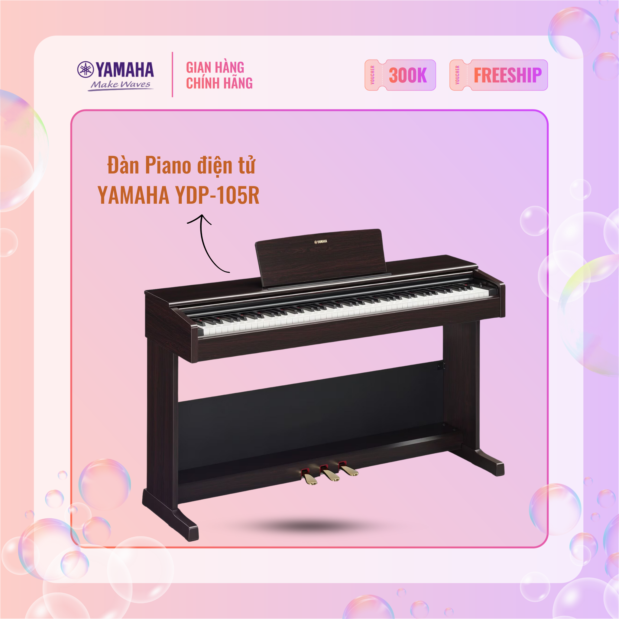 Đàn piano điện tử yamaha ydp-105r kèm chân, ghế, pedal, adapter - bảo hành chính hãng 12 tháng