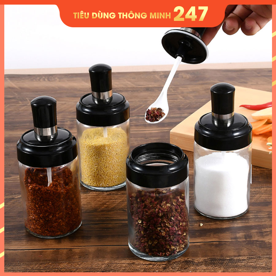 Combo 4 lọ đựng gia vị đồ dùng nhà bếp bằng thủy tinh cao cấp kèm thìa xúc gia vị gắn liền trên nắp hộp thông minh