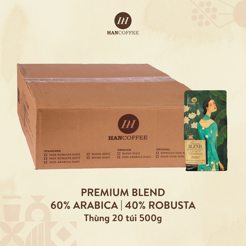 20 túi cà phê hancoffee premium blend đắng dễ chịu, ngọt sâu, kéo dài - cà phê pha máy túi 500g