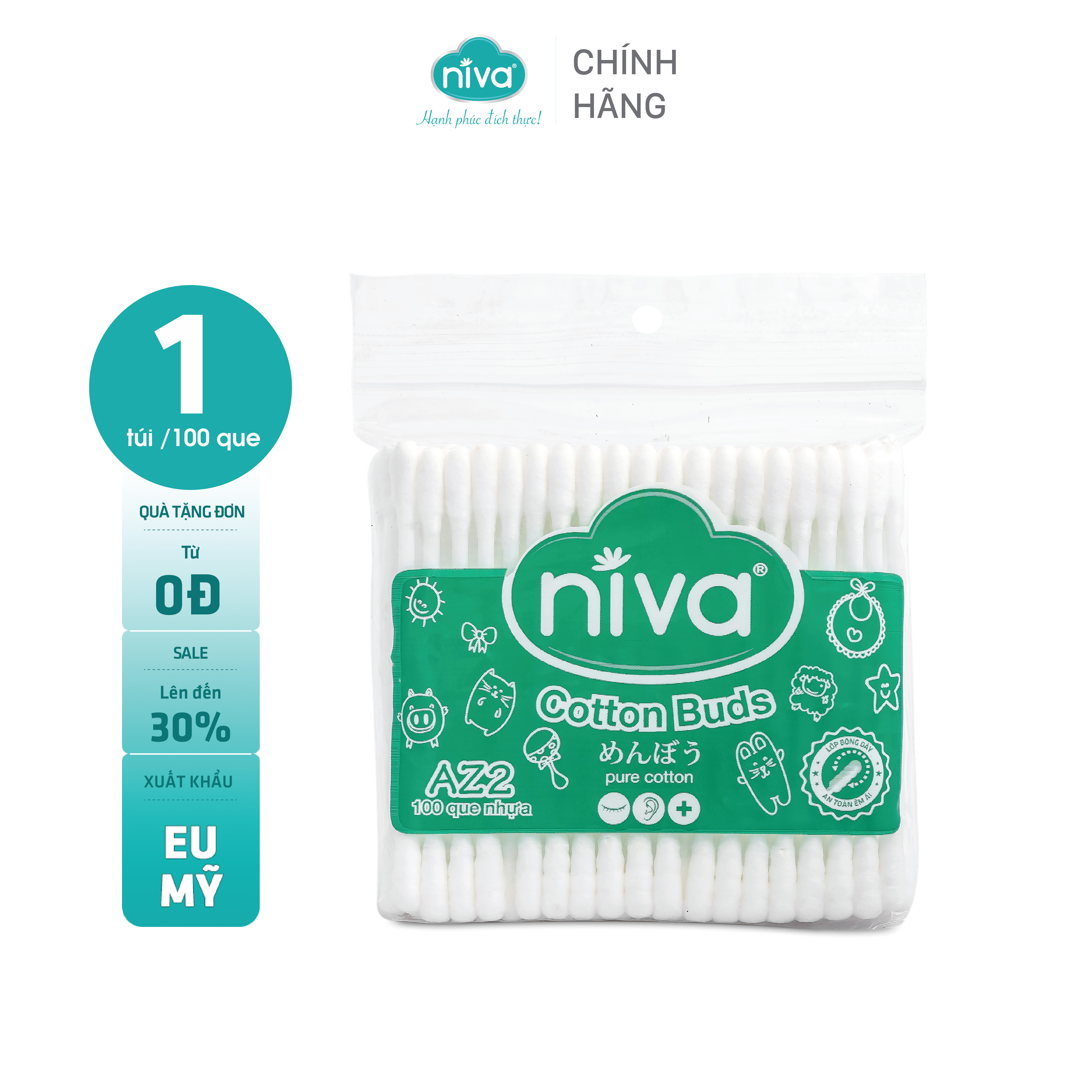 Tăm Bông Niva Túi 100 Que Thân Nhựa AZ2 Đa Năng Chuyên Dùng Ngoáy Tai, Vệ Sinh, Trang Điểm