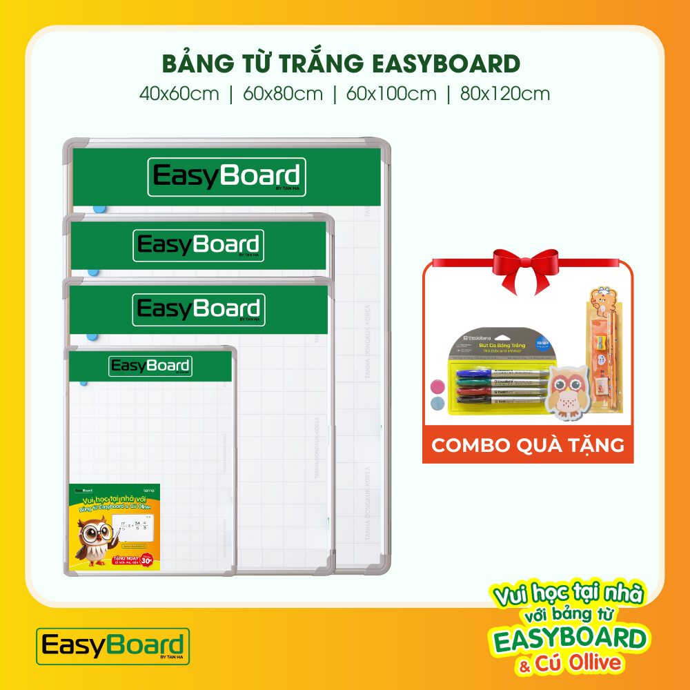 [HCM] Bảng Từ Trắng Easyboard Hàn Quốc - Tân Hà - 40x60cm, 60x80cm, 60x100cm, 80x120cm - Tặng Phụ Kiện