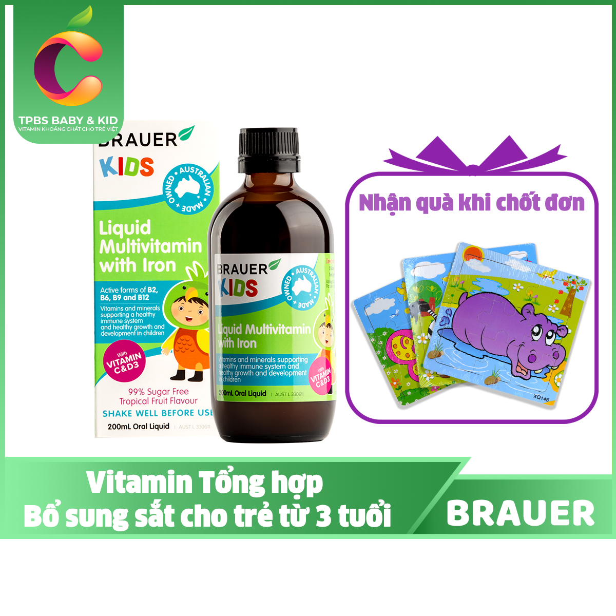 Vitamin tổng Hợp bổ sung thêm sắt brauer kids liquid multivitamin with iron 200ml
