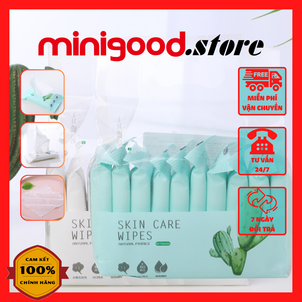 Khăn ướt thanh mát làm sạch chiết xuất xương rồng MINIGOOD 10 bao * 8 miếng