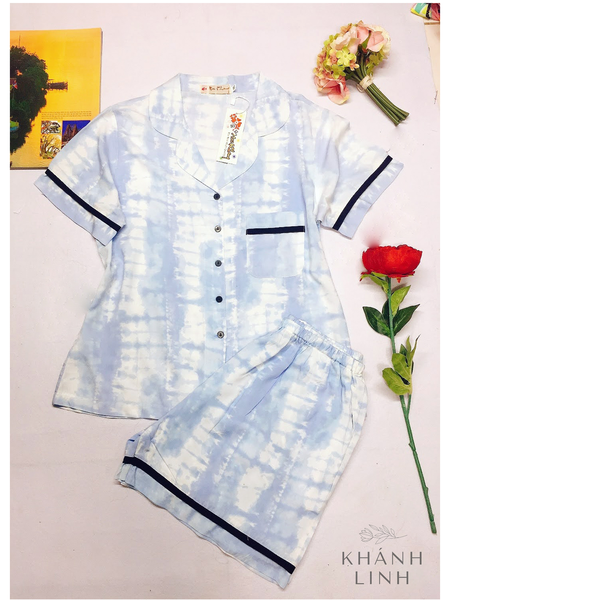 Bộ pyjama nữ quần đùi tay ngắn vải lanh siêu đẹp