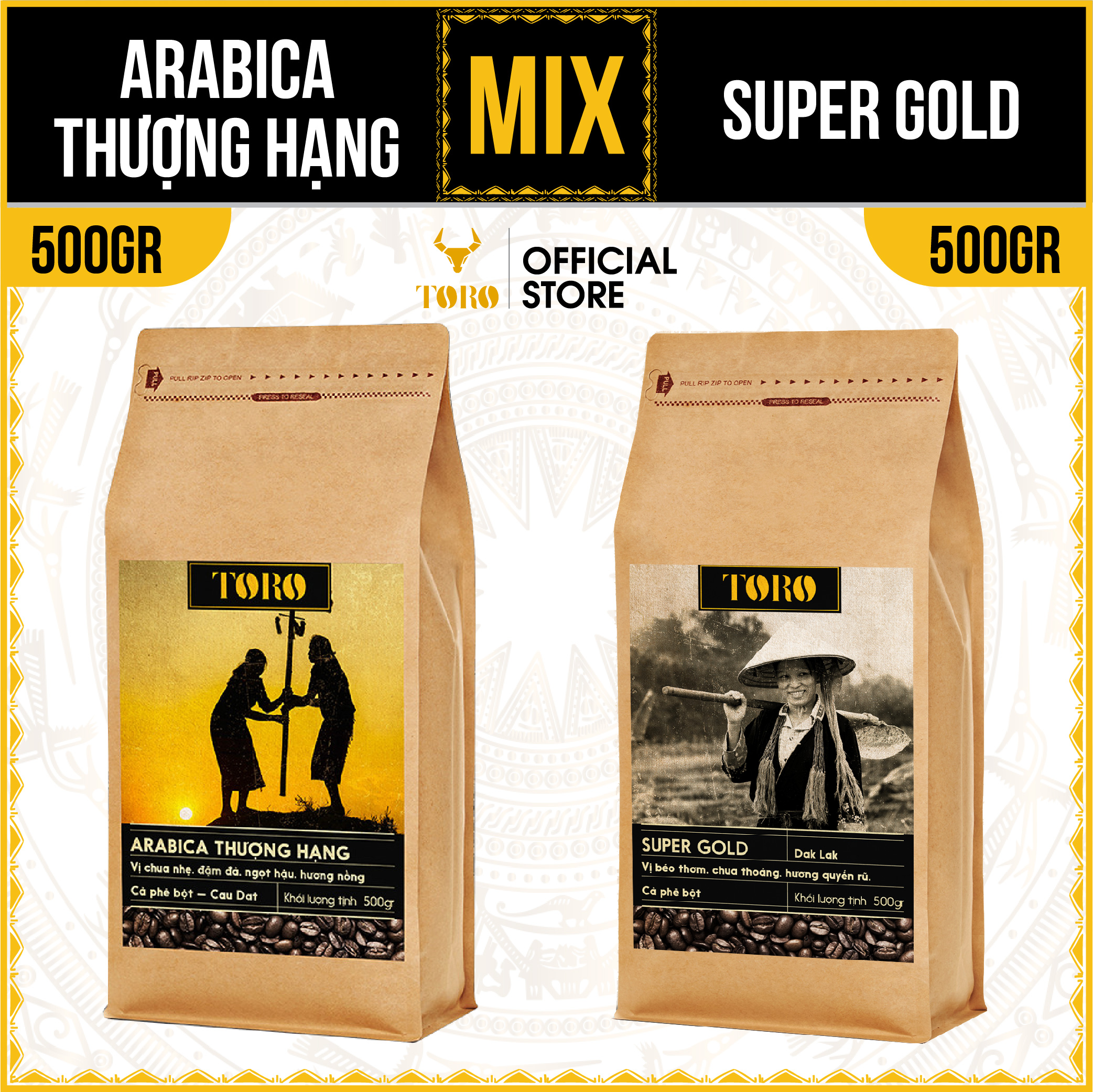 [1KG] Bộ Mix Cà Phê Bột Toro Arabica Thượng Hạng & Toro Super Gold Nguyên Chất 100% | 500GR/Gói | TORO FARM