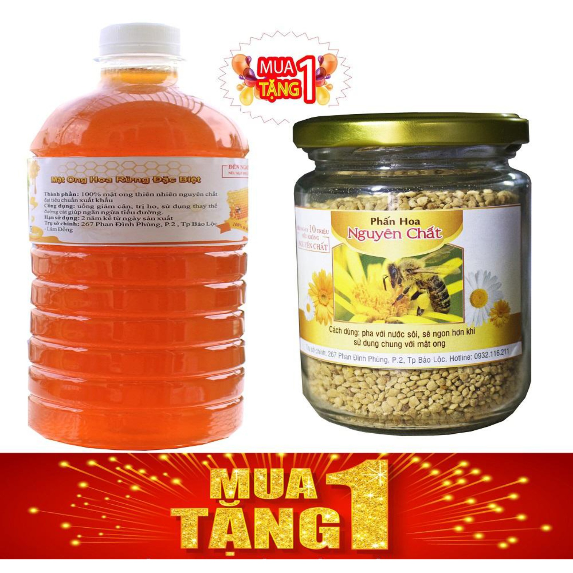 Mật ong hoa rừng cao cấp 1 lít tặng kèm 100gr phấn hoa