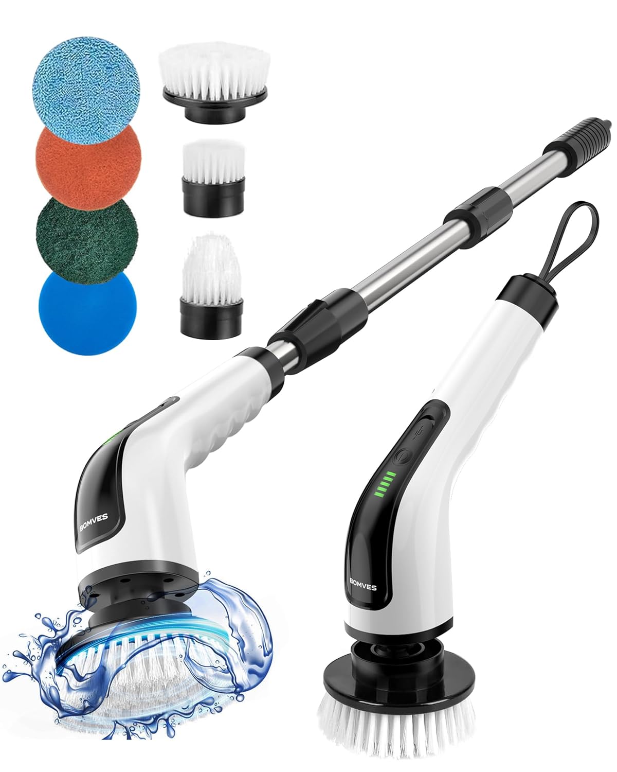 Máy cọ rửa xoay điện Bomves, bàn chải vệ sinh không dây đa năng - Thời gian hoạt động 90 phút, 3 mức độ dài, 2 tốc độ