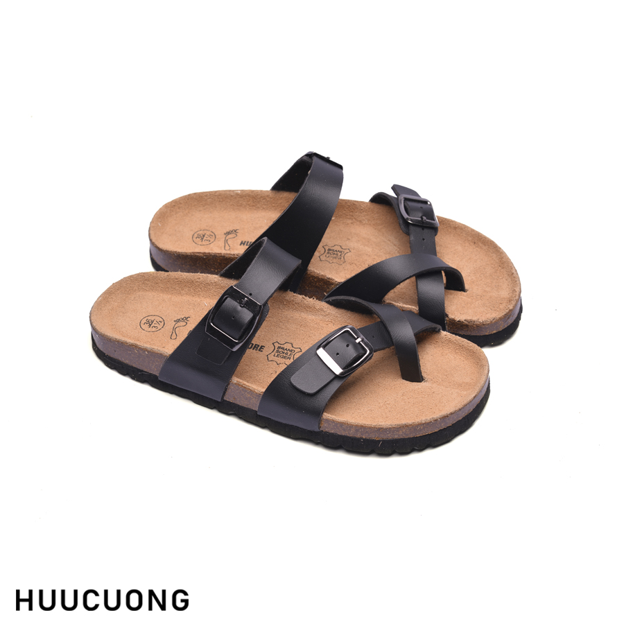 Dép nam nữ xỏ ngón đen da PU đế trấu cao cấp