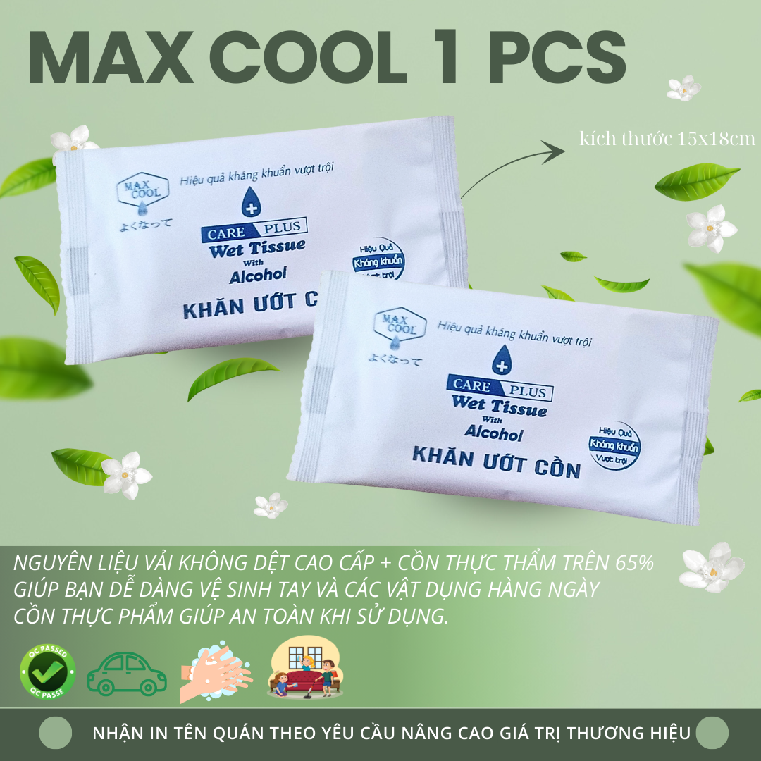 20 cái khăn ướt Cồn Max Cool kháng khuẩn ( Kích thước 20x18cm)