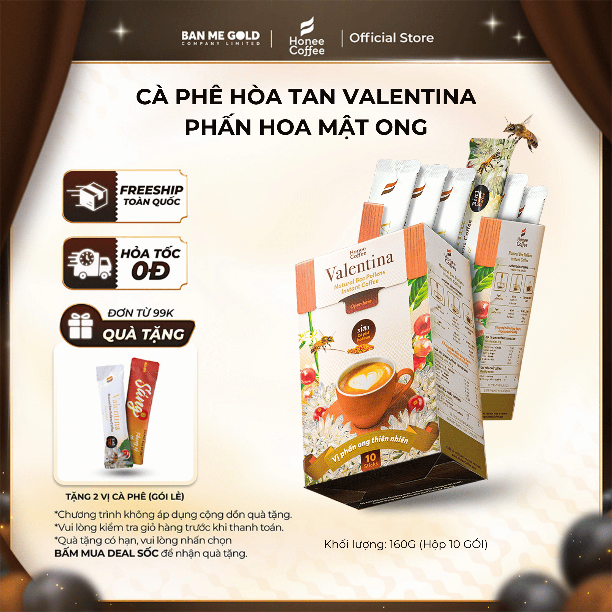   TẶNG QUÀ  Cà Phê Sữa Hoà Tan Valentina - Instant Delight - 160gr  10 Gói  - Cafe Phấn Hoa Mật Ong Ban Me Gold - Honee Coffee 