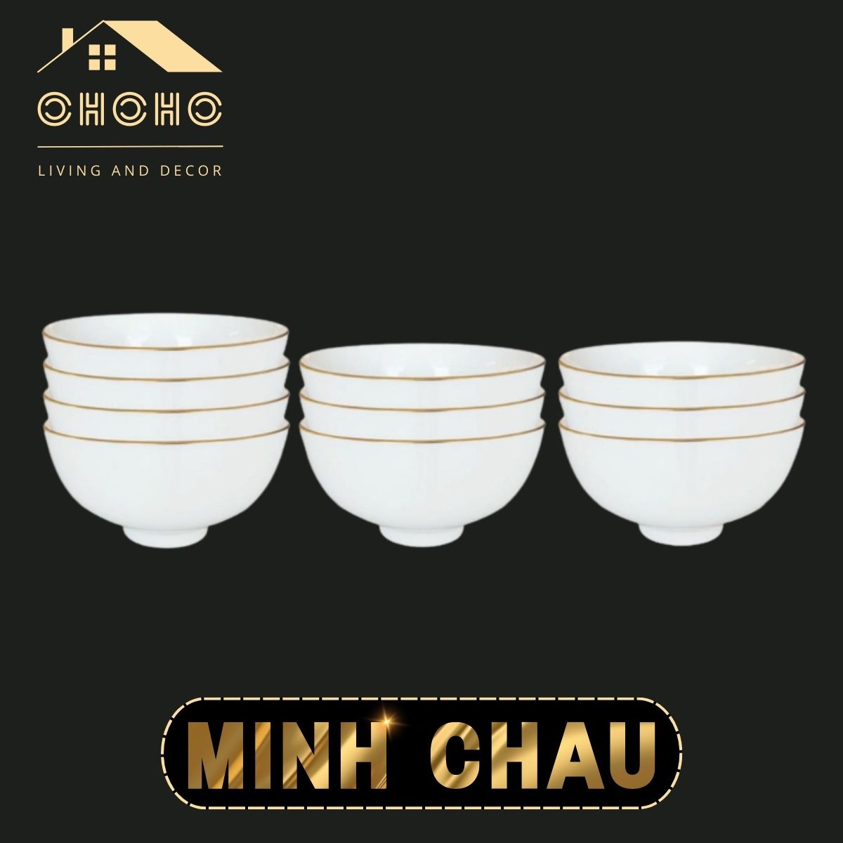 Set 10 bát cơm sứ trắng minh châu viền vàng thật 12k, bộ 10 chén cơm trắng kẻ vàng