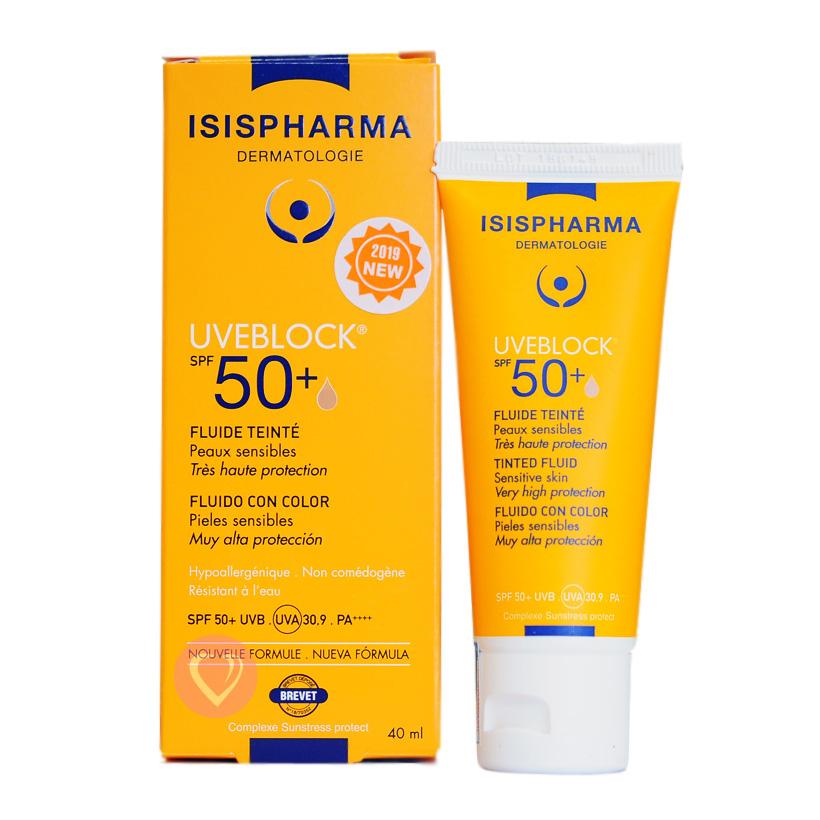 Kem chống nắng màu da, dành cho da nhạy cảm Uveblock SPF50 Tinted Fluid 40ml Isis Pharma