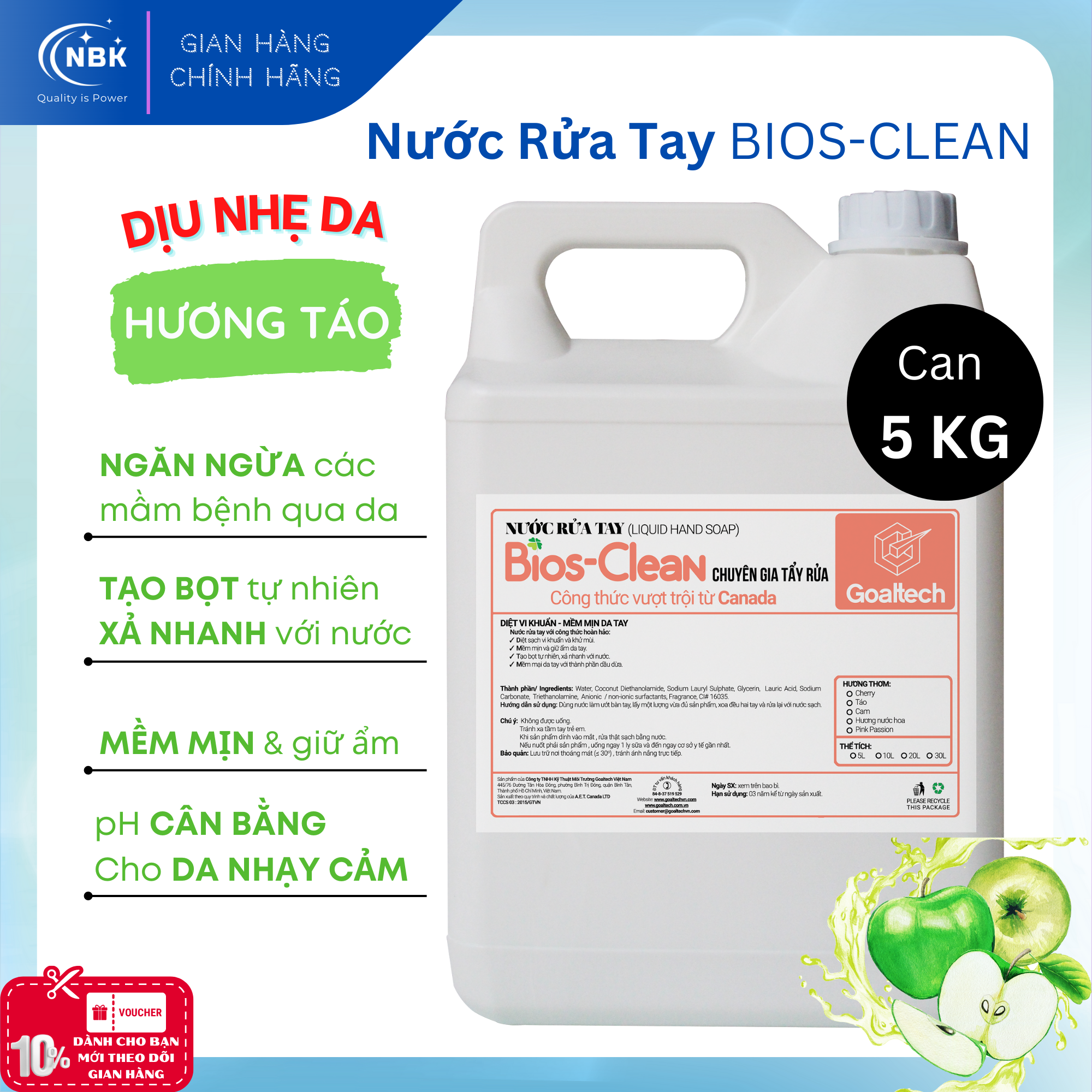 Nước Rửa Tay BIOS Hương Táo Can 5 Kg - Xà phòng, Xà bông rửa tay, Dung dịch rửa tay tạo bọt - Mềm mịn giữ ẩm da tay, Hương thơm dịu nhẹ