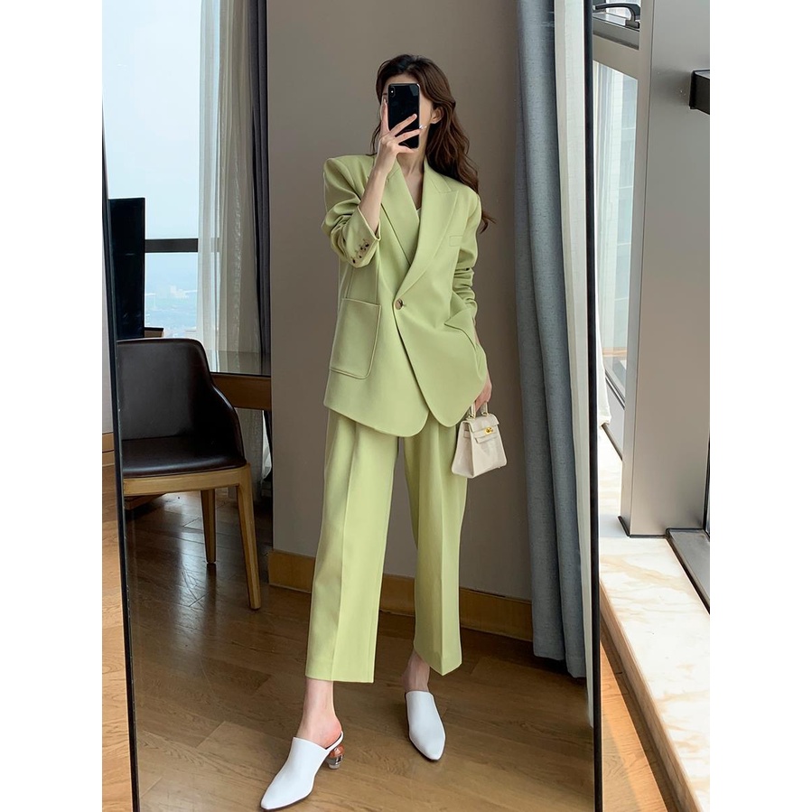 Set Vest nữ áo blazer dáng suông nữ, quần baggy màu cốm QUYNH DESIGN