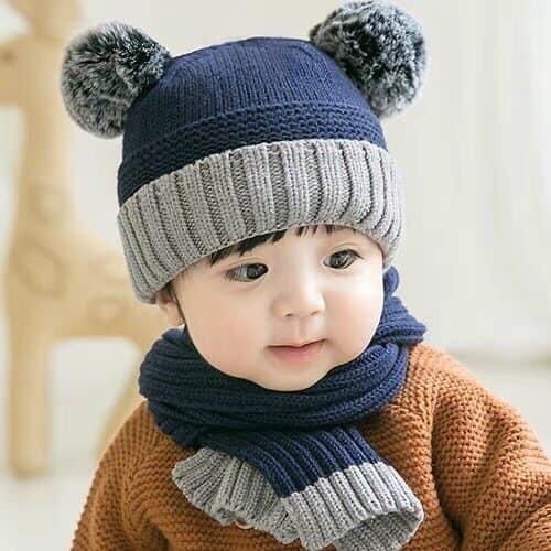 Set khăn,mũ len hai quả bông cho bé