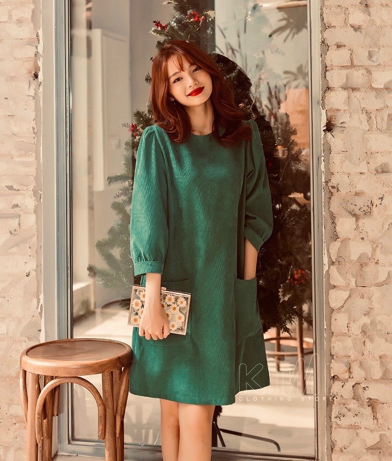 Đầm dáng suông nhung gân đầm thiết kế trẻ màu sắc trendy 2023 - bla22112