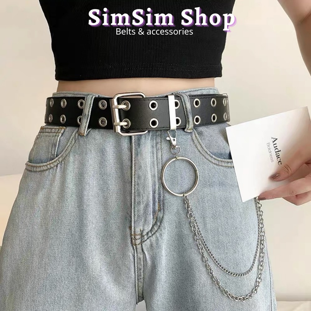 Dây nịt kèm CHAIN XÍCH treo - Thắt lưng nữ 2 hàng khoen kèm xích treo
