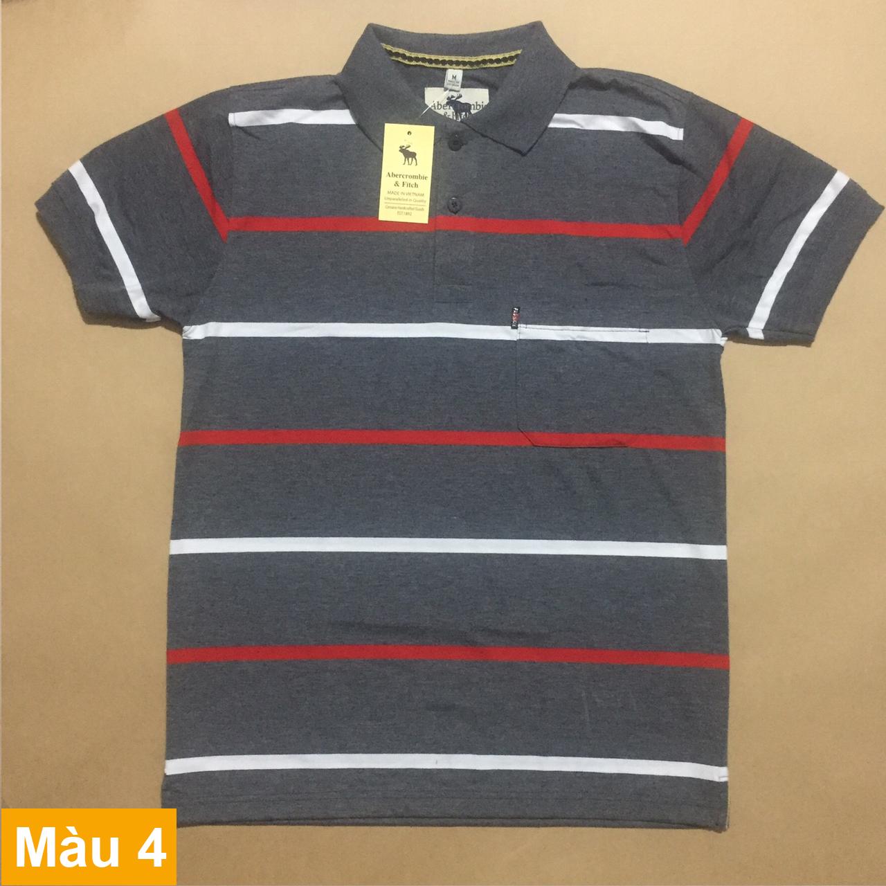 Áo thun sọc có túi form đẹp chất lượng cao (bảng xám đậm, sọc chỉ trắng - đỏ đô)