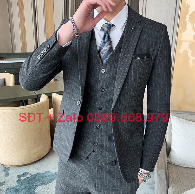 Bộ Vest Nam Cao Cấp 1 cúc kẻ sọc màu ghi, Bộ Suit Nam Hàn Quốc Kẻ Sọc Xám