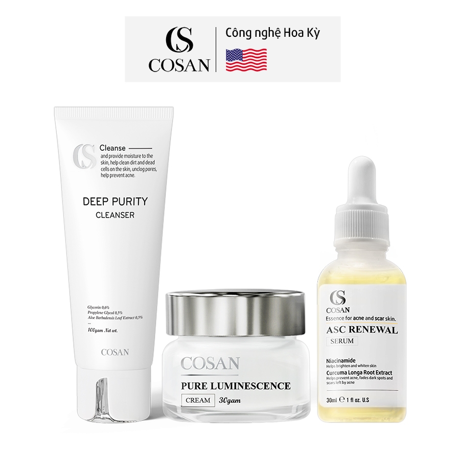 Bộ 3 sản phẩm ngừa mụn, thâm, sẹo và dưỡng trắng da cosan - serum mụn 30ml + kem dưỡng 30g + sửa rửa mặt 100g