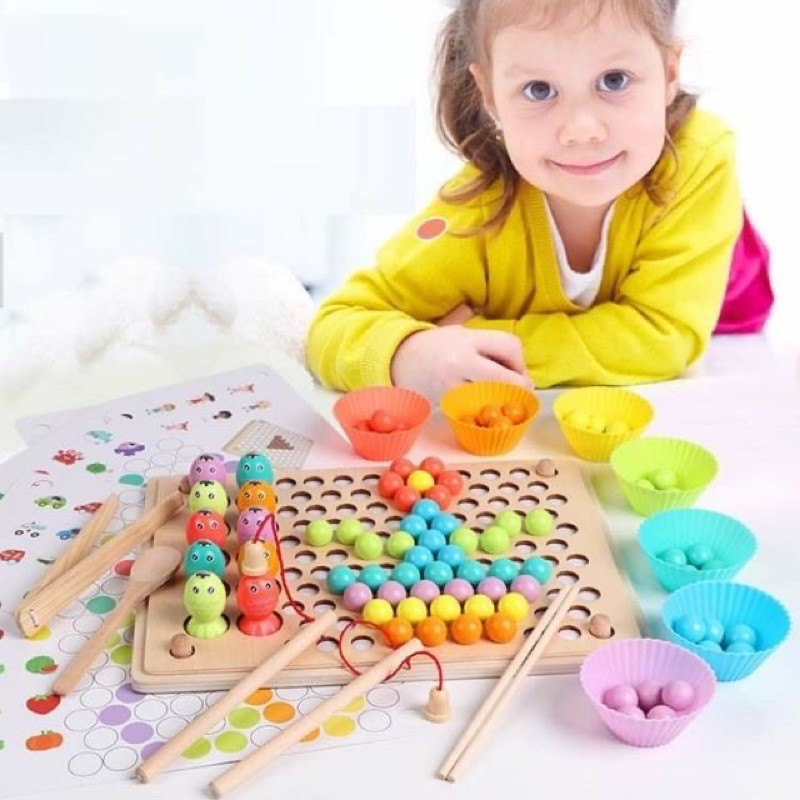 Hót! bộ gắp hạt gỗ số đếm kèm bát tăng tập trung cho trẻ montessori