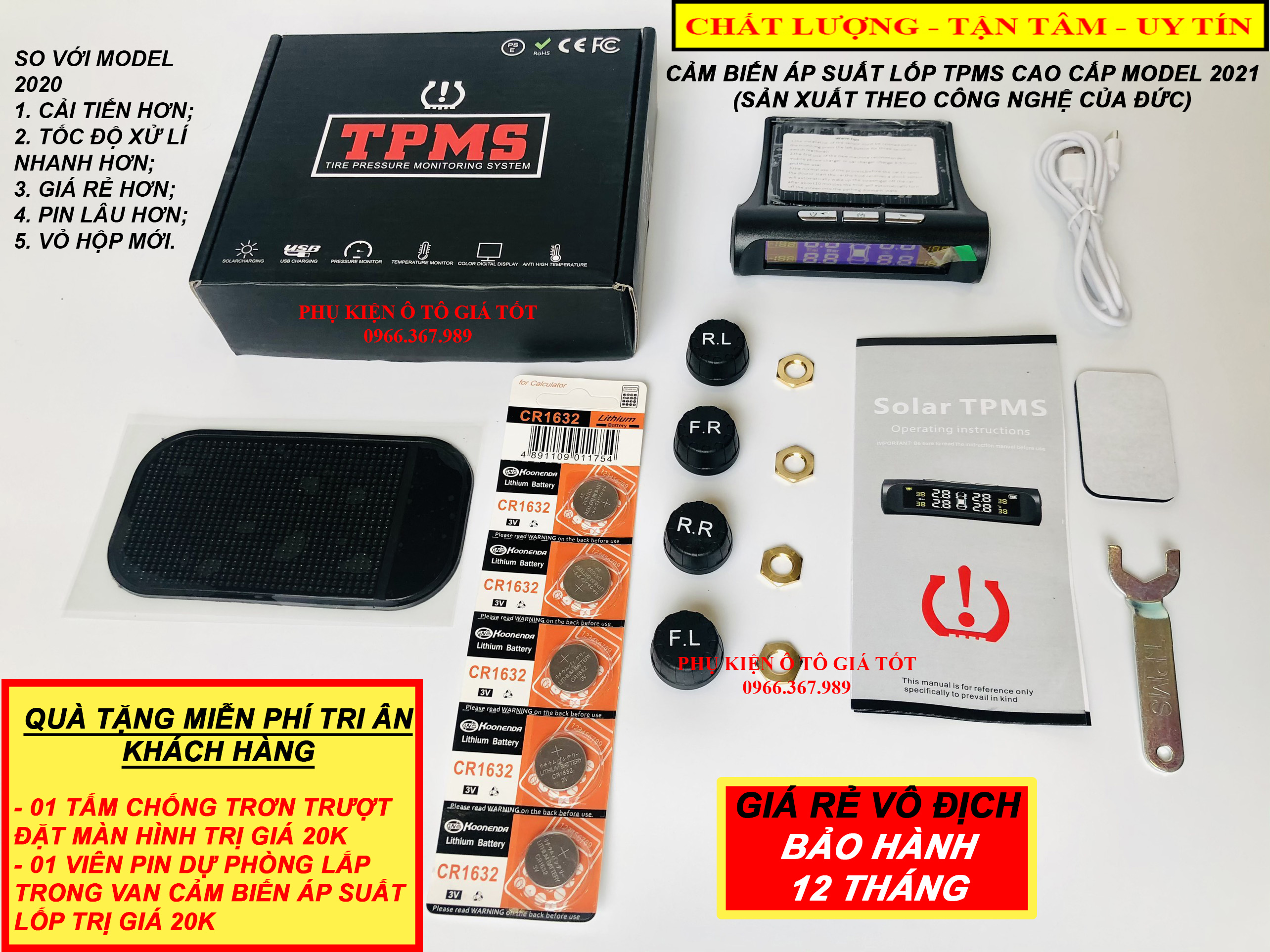 Cảm biến áp suất lốp TPMS cao cấp Model 2021 màn hình màu, bản quốc tế