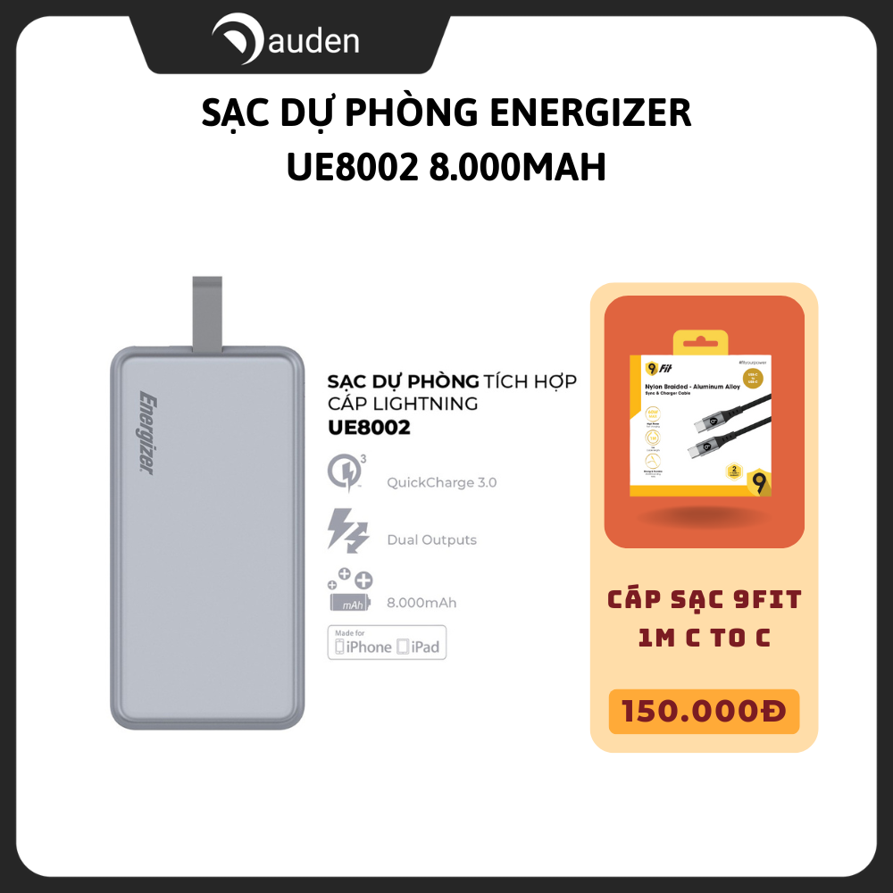 Sạc dự phòng energizer ue8002gy 8,000mah /3.7v li-polymer - tích hợp kèm cáp lightning mfi - dâu đen store