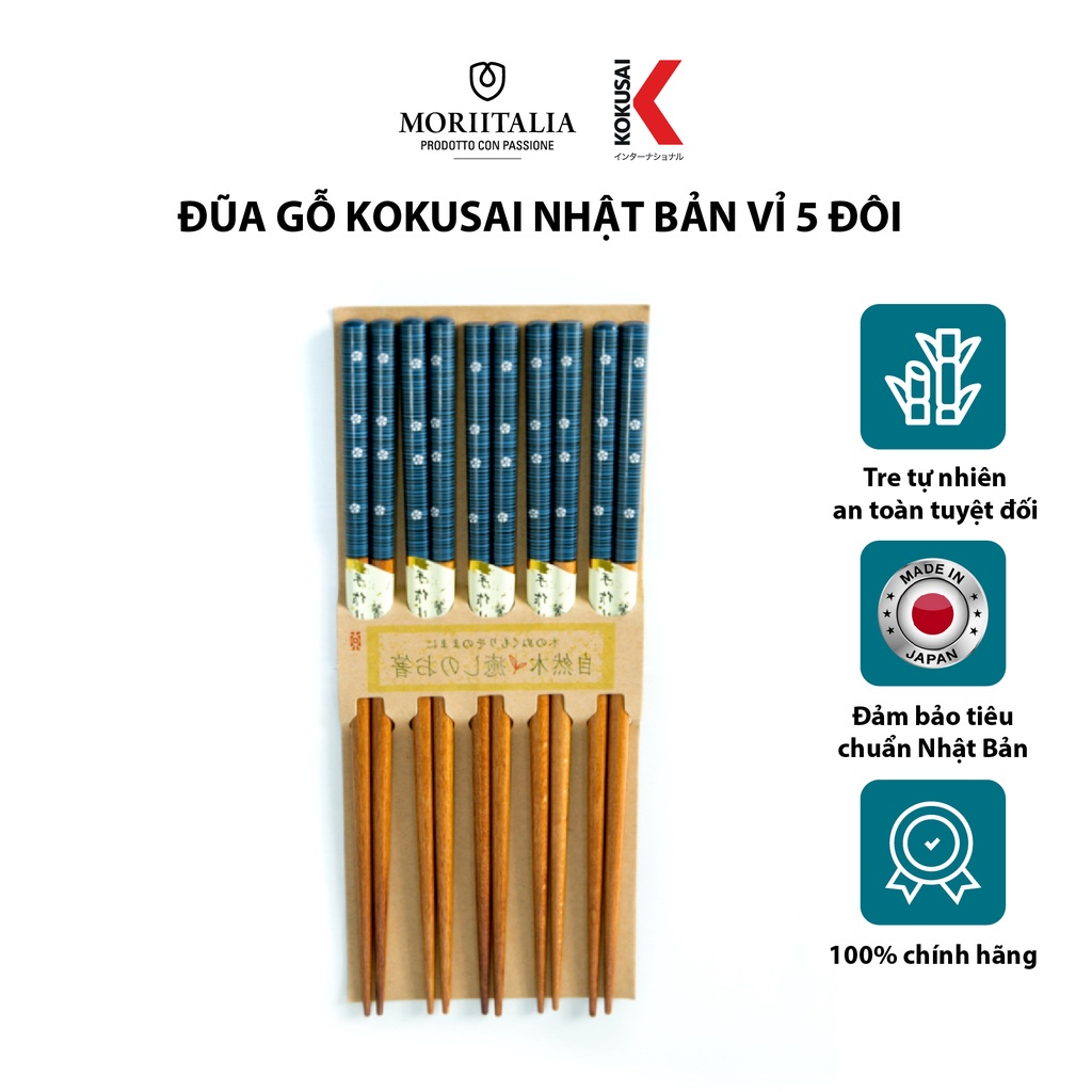 Vỉ 5 đôi đũa gỗ Kokusai Nhật Bản an toàn, chất liệu tre tự nhiên Moriitalia NDCK-23A