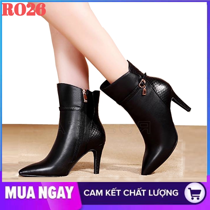 Giày boot nữ cổ thấp 7cm hàng hiệu rosata màu đen cao cấp ro26
