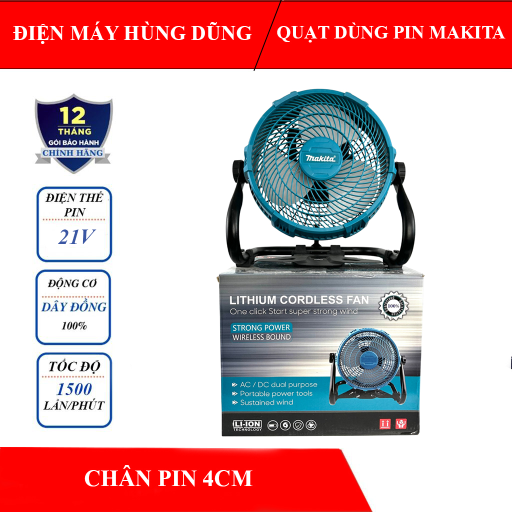 Quạt tích điện, quạt dùng pin Makita chân pin phổ thông 4cm 100 cấp độ gió