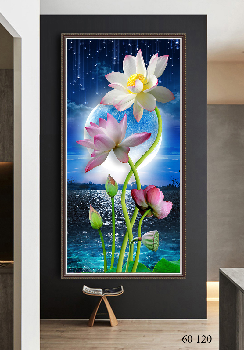 Tranh 3D dán tường hoa sen mặt trăng